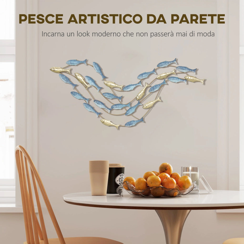 Wall Art Banco di Pesci in Metallo con Viti Incluse, 99.7x3.8x50.2 cm, Oro e Blu