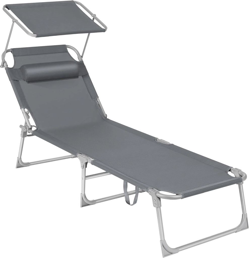 SONGMICS Lettino Prendisole, Sedia a Sdraio Pieghevole, 193 x 53 x 29 cm, Max Portata 150 kg, con Poggiatesta Parasole e Schienale Reclinabile, per Terrazzo Piscina Giardino, Grigio Scuro GCB19UV1