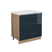 Mobiletto base per cucina Fame-Line Blu scuro lucido/Rovere dorato 80 cm con 3 cassetti, PL Marmo Vicco