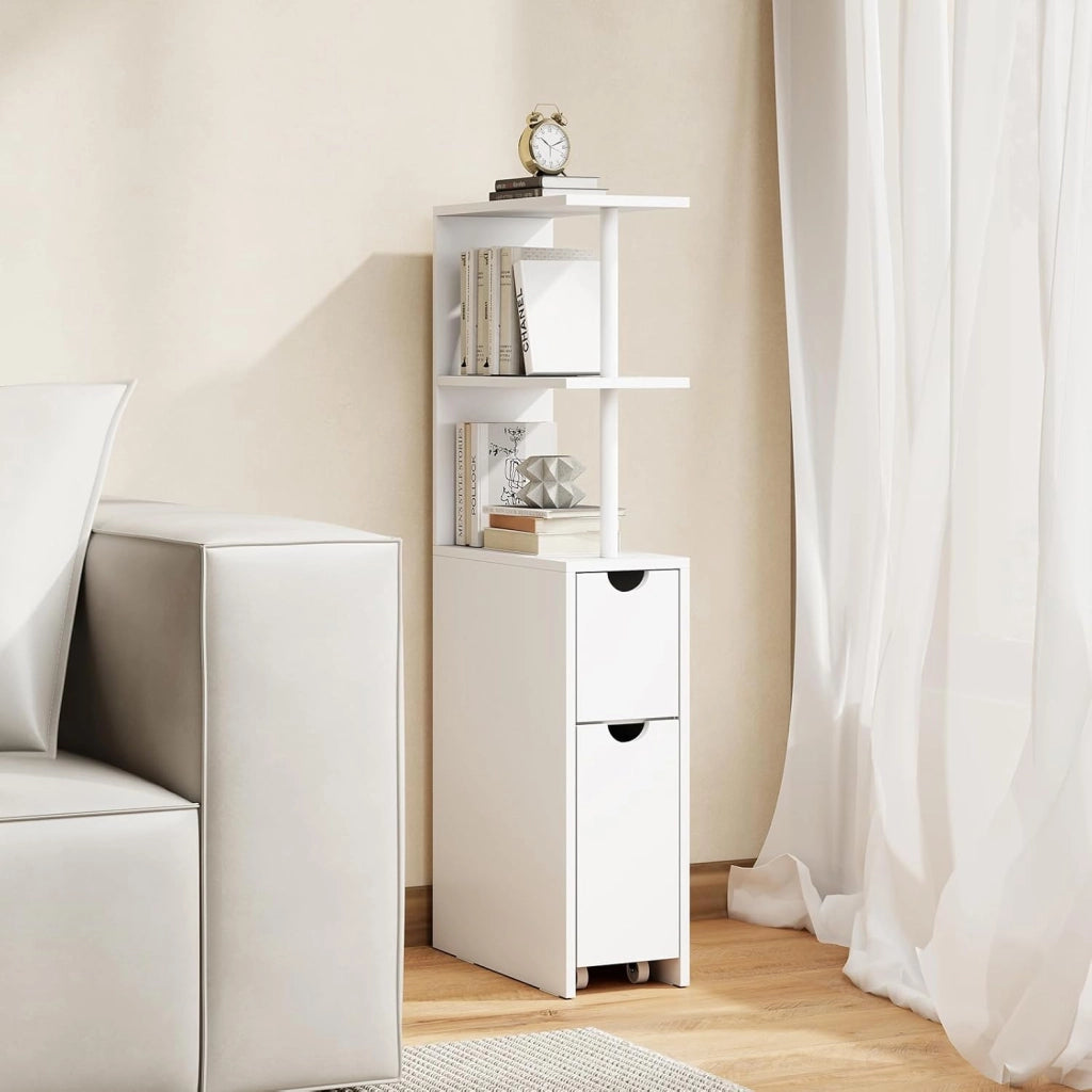 Mobile da Bagno Salvaspazio, Mobiletto Stretto e Autoportante con Ripiani Aperti, Cassetto Scorrevole e Carrello Estraibile, Mobiletto a Terra in Legno per Cucina, 45 × 20 × 114 cm