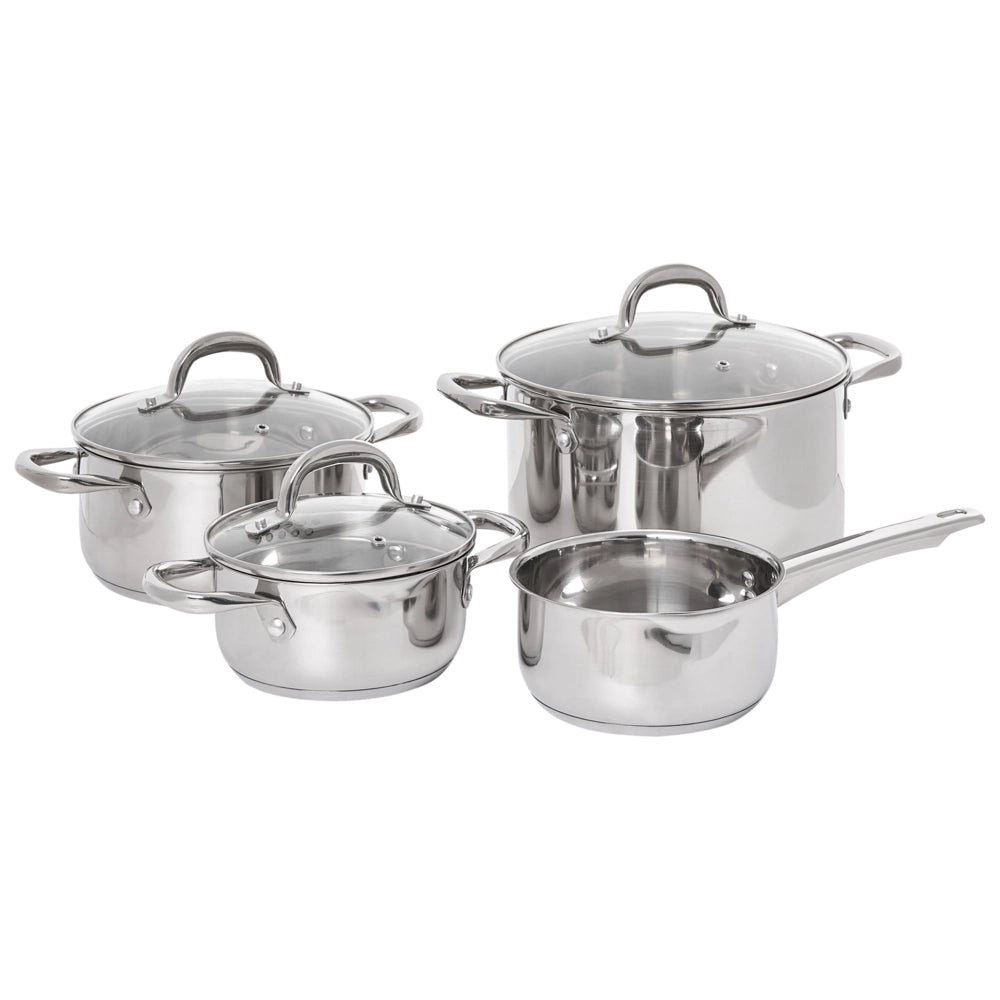 Set di 7 pentole in acciaio inossidabile argentato 4 pentole con coperchi in vetro