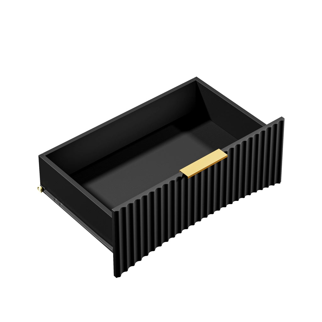 Comodino con 3 cassetti in MDF nero con guide ammortizzate, maniglie dorate e angoli arrotondati 58 × 38 × 64 cm