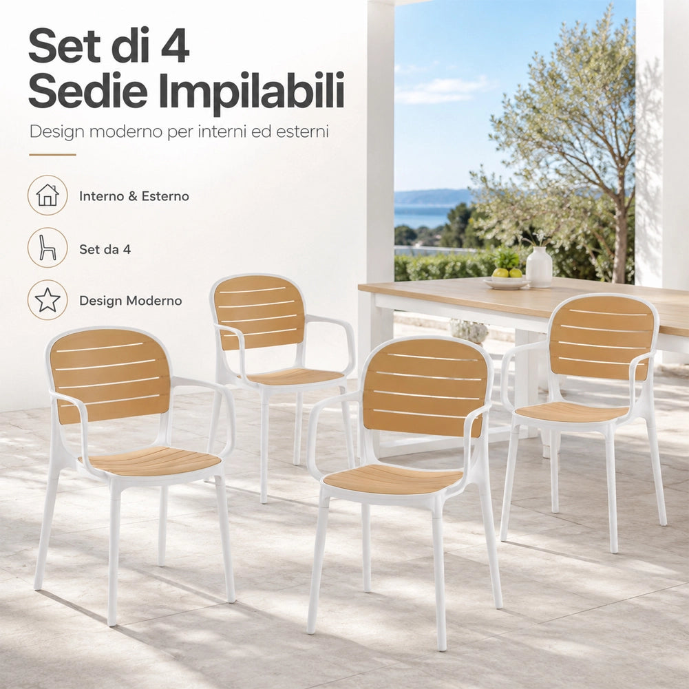Set 4 Sedie Impilabili in Polipropilene con Braccioli e Schienale 52x55.5x82 cm