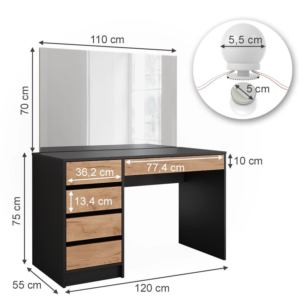 Vicco Tavolo da toilette Antracite/quercia dorata 120 x 75 cm con specchio e illuminazione a LED