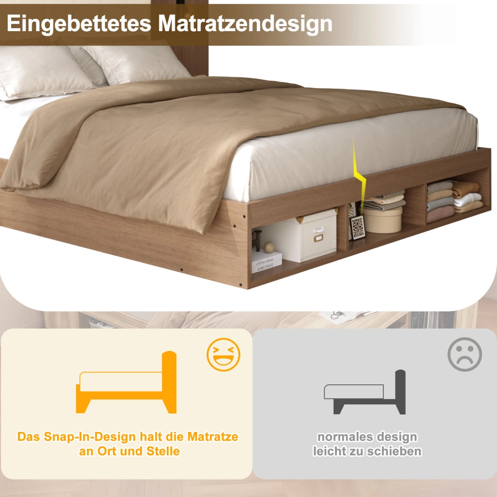 DESMIU Letto con contenitore 180 × 200 cm 2 posti con USB, Type-C e luce da lettura, senza materasso, in MDF, noce