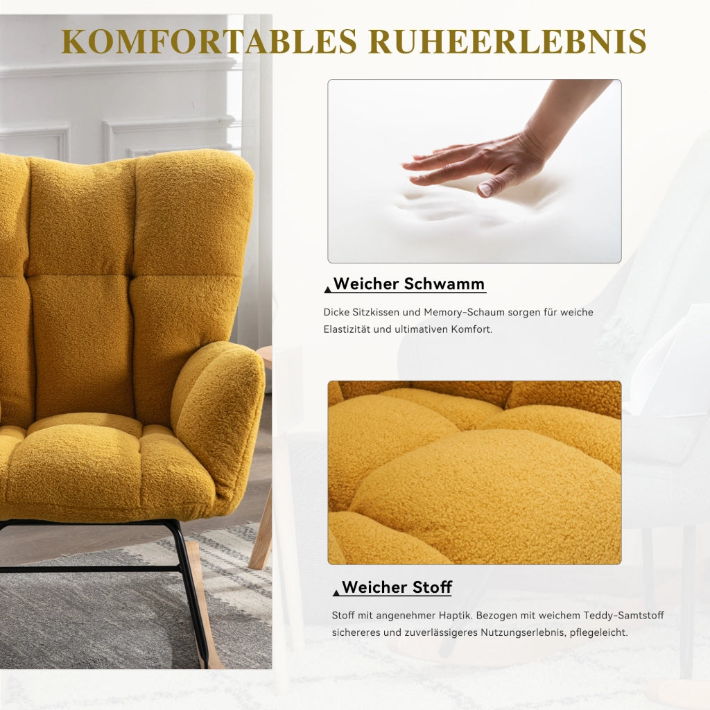 OKWISH Poltrona a Dondolo, Schienale Alto Ergonomico e Braccioli Imbottiti, Base in Legno e Metallo, Teddy Giallo 80 x 70 x 95 cm