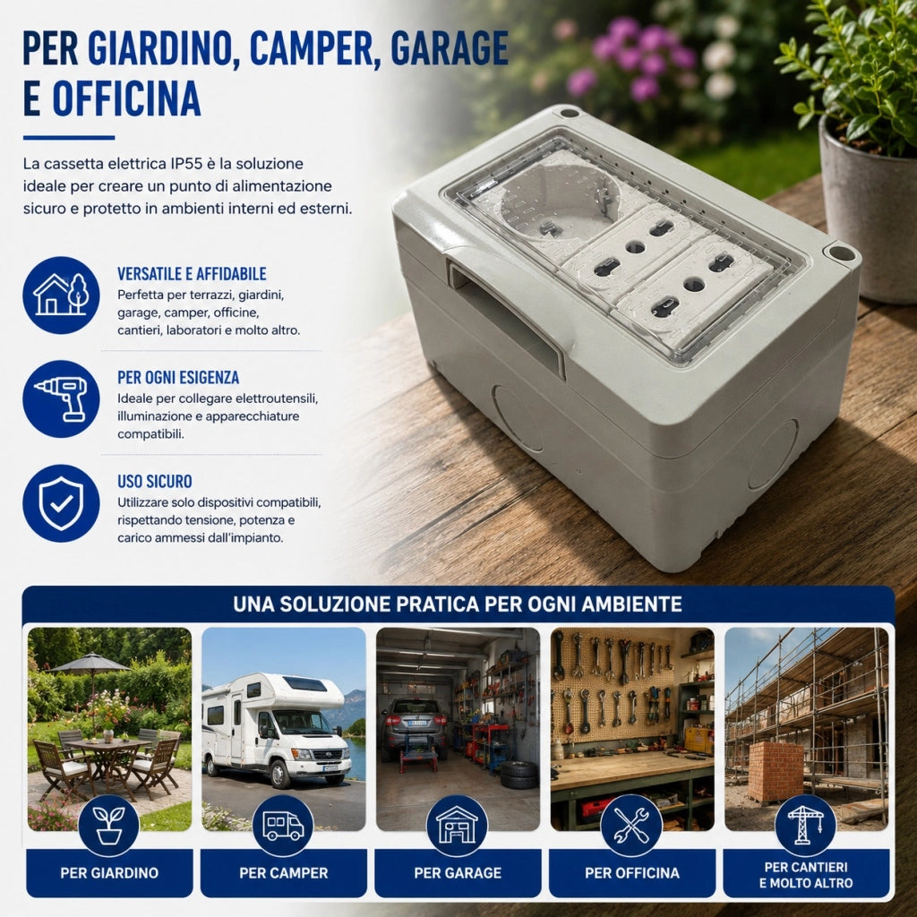 Cassetta Elettrica IP55 con Schuko e 2 Prese Bipasso 10/16A