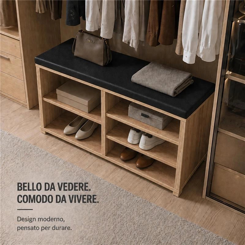 SCARPIERA IN MDF ROVERE CON RIPIANI E SEDUTA IN SIMIL PELLE NERA MISURE: 80X30X47 CM