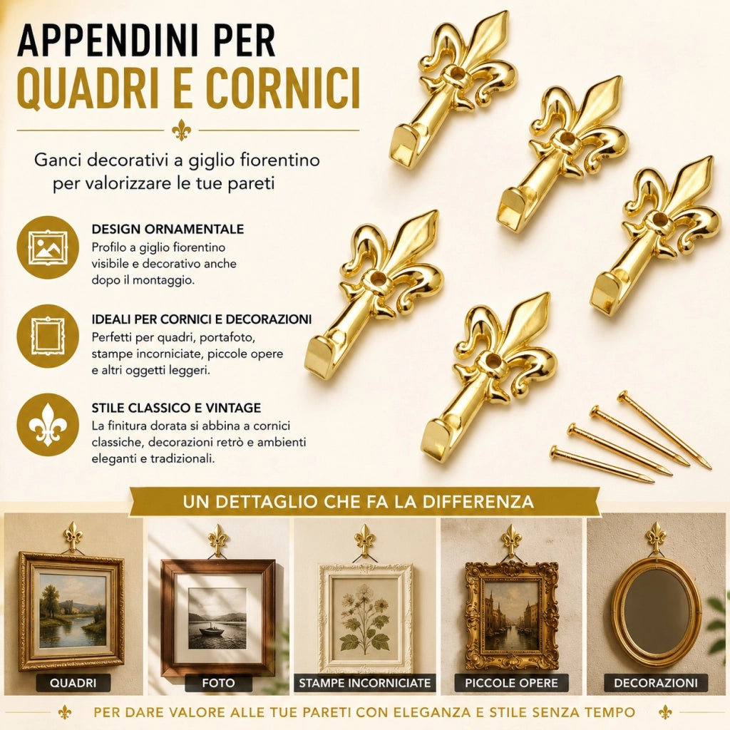15 Ganci Dorati Quadri Giglio Fiorentino 3 cm con Chiodi 68241