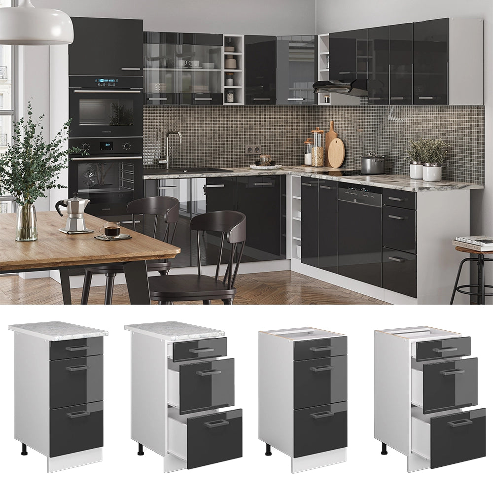 Vicco Mobiletto base per cucina Antracite lucido 40 cm con cassetti PL Marmo