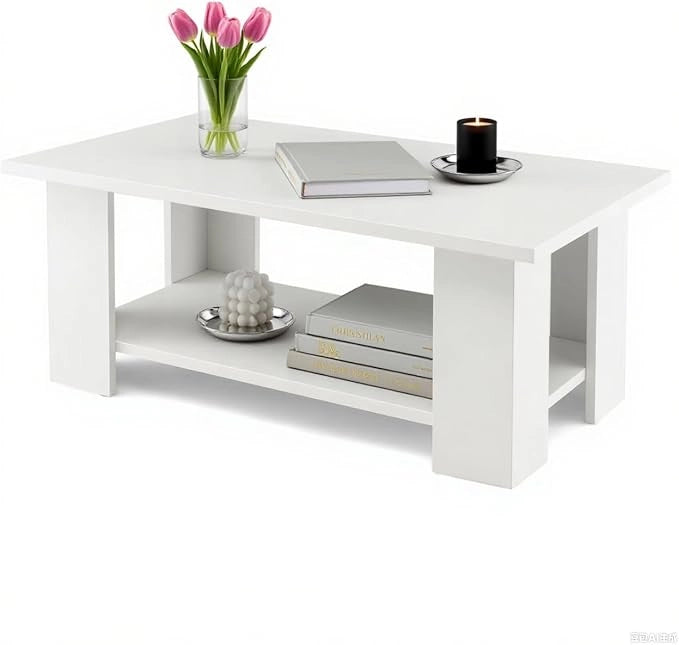 Tavolino da Salotto, Tavolino Basso a 2 Ripiani, Tavolino da Caffè, Tavolino da Divano, in Legno, Montaggio Semplice, per Soggiorno, Peso Max 125 kg, Bianco (90x52x40 cm)