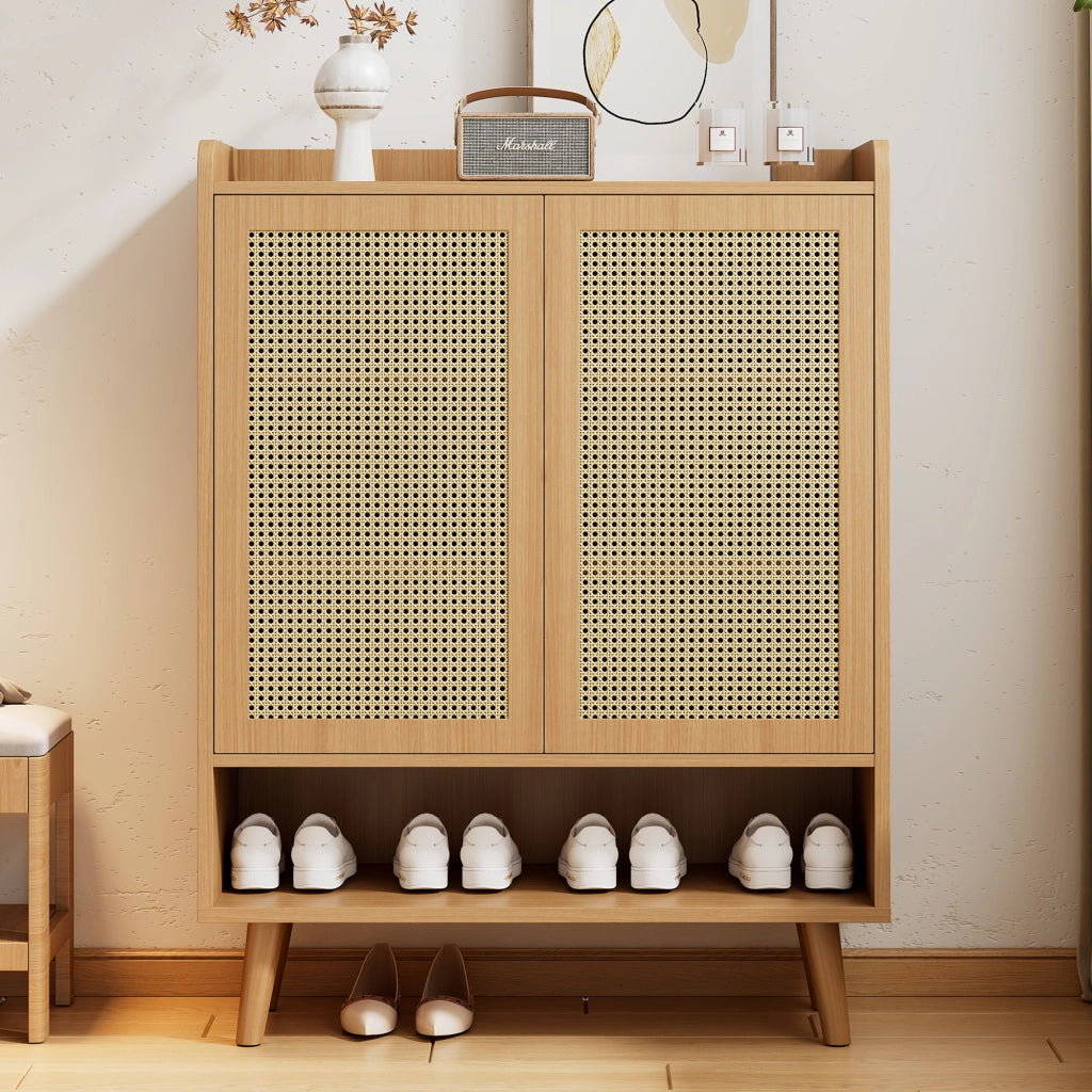 Scarpiera con 2 ante e ripiani in pannello truciolare e legno colore rovere chiaro per ingresso 80 × 35 × 105 cm