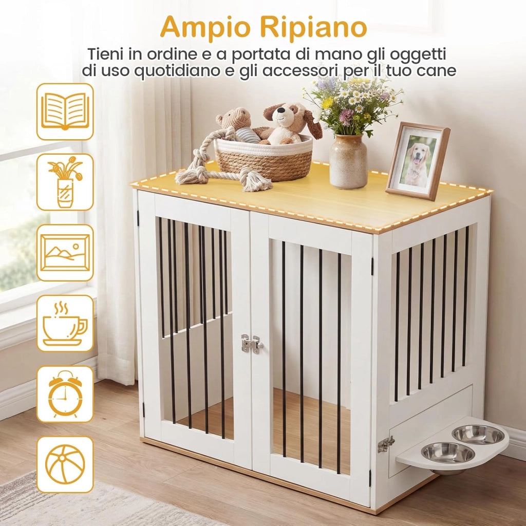Cuccia per Cani da Interno, Gabbia per Cane Piccolo e Midio con 2 Ciotole Girevoli, 2 Porte e Chiusura di Sicurezza, Casetta per Cuccioli, 80 x 66,5 x 71,5 cm