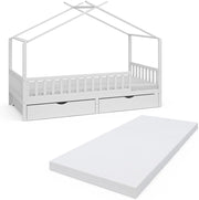 Letto montessori bambini Franka, Bianco, 90x200 cm con 2 cassetti e materasso, adatto per materassi fino a 90x200 cm e combinabile