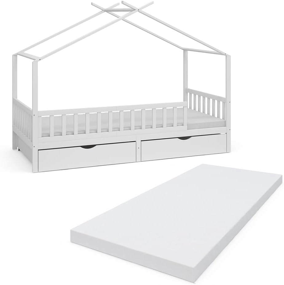 Letto montessori bambini Franka, Bianco, 90x200 cm con 2 cassetti e materasso, adatto per materassi fino a 90x200 cm e combinabile