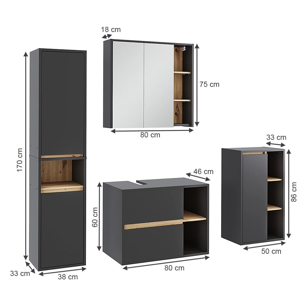 Set di mobili da bagno Viola Grigio/Rovere artigianale 4 parti Vicco