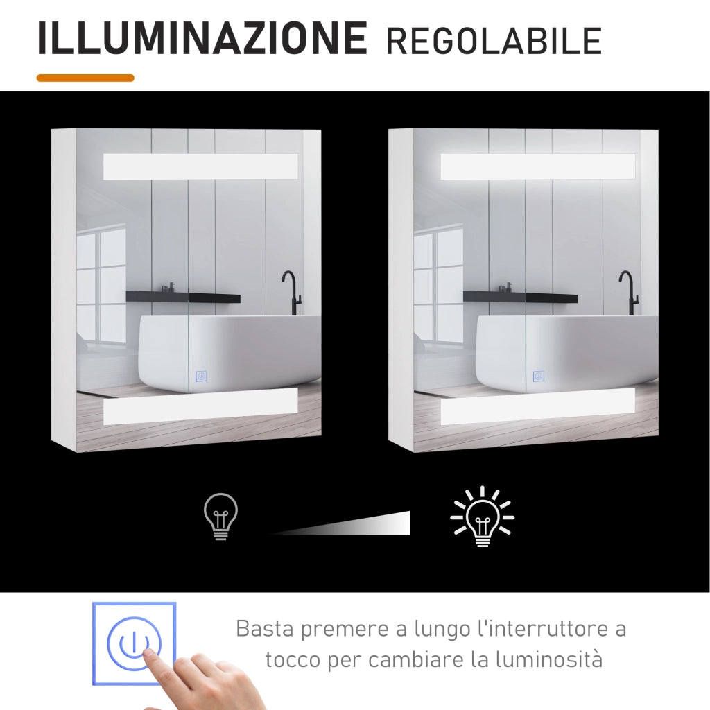 EasyComfort Armadietto Pensile da Bagno con 1 Anta, Specchio e Luci a LED | 2 Ripiani Interni | MDF Bianco (60 x 50 x 15cm)