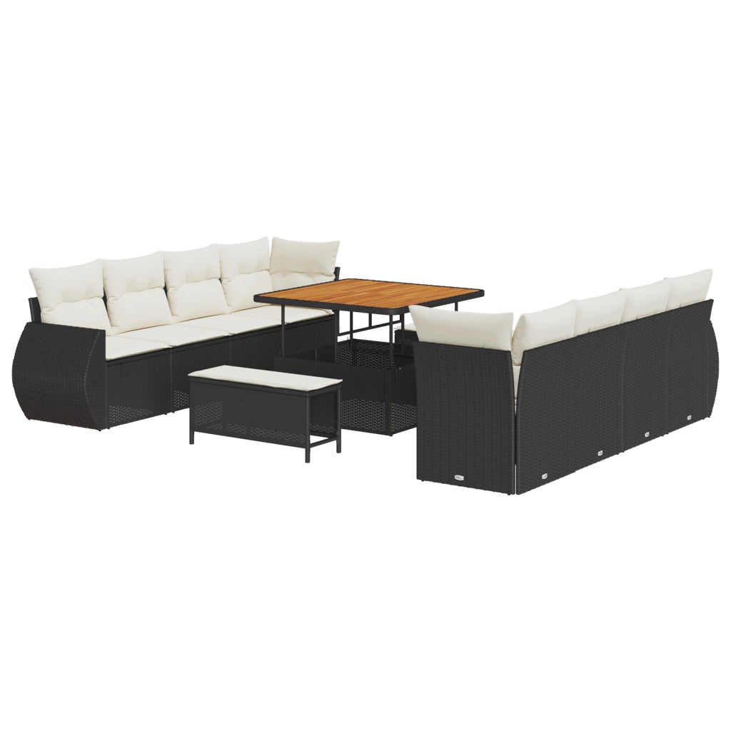 Set divano da giardino da 11 pezzi con cuscini in polyrattan nero e acacia