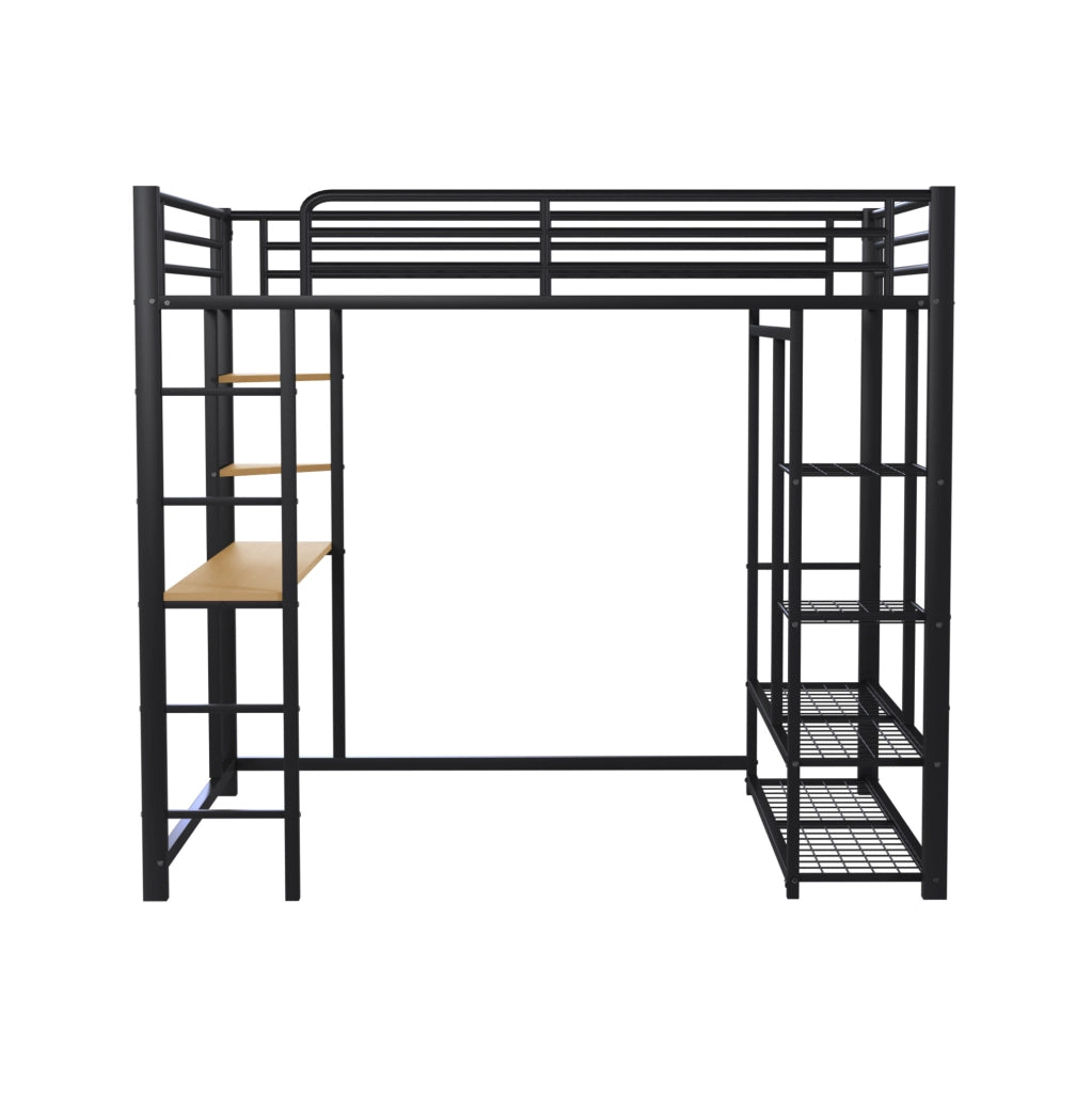 Letto a soppalco 140x200 cm con scrivania e ripiani in metallo nero