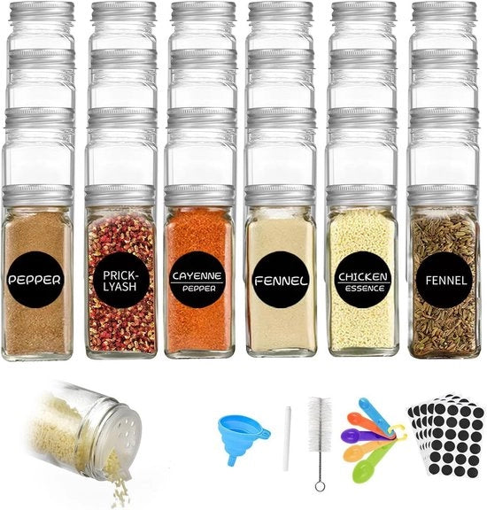 24 contenitori per erbe - 120 ml - vetro quadrato - chiusura a vite - pennello per etichetta - cucchiaio - colino - spazzola di pulizia