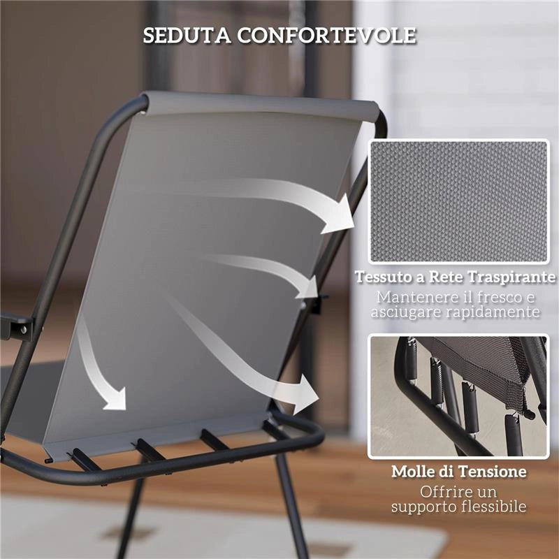 SET DA GIARDINO 6 PEZZI IN ACCIAIO CON 4 SEDIE PIEGHEVOLI OMBRELLONE E TAVOLO ROTONDO GRIGIO E NERO