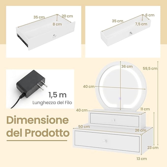 Toeletta da Trucco con Luci, Consolle Toeletta da Parete, con Specchio Moderno e 2 Cassetti Rimovibili, per Camera da Letto o Bagno, Bianco, 50 x 26 x 59,5 cm
