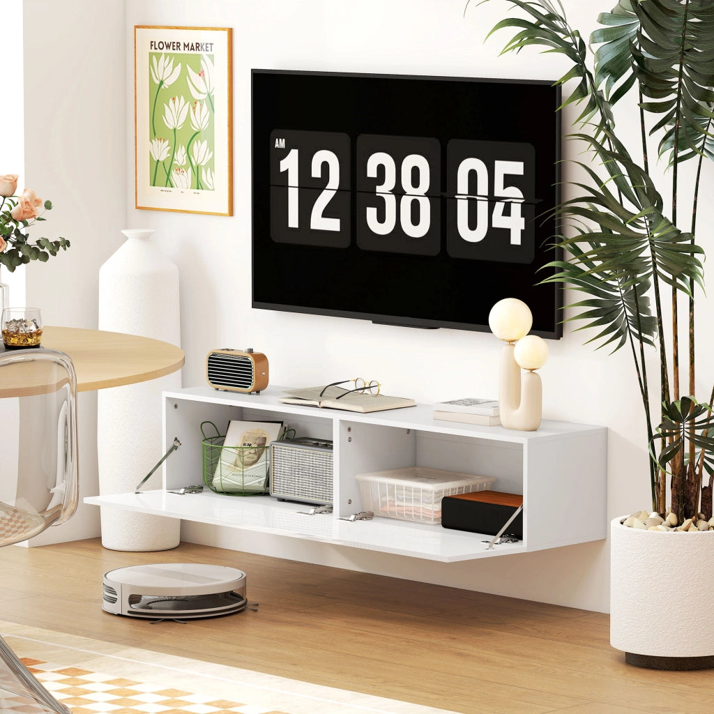 Mobile Sospeso con Armadietti con Ante a Ribalta 140x33x29,8 cm in Truciolare Bianco Lucido