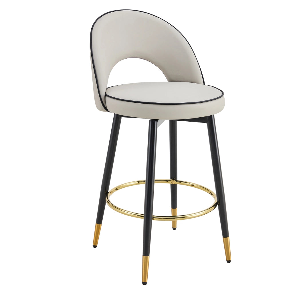 Sgabello da bar girevole a 360° con schienale traforato e gambe in metallo, con dettagli oro in PU grigio e bianco