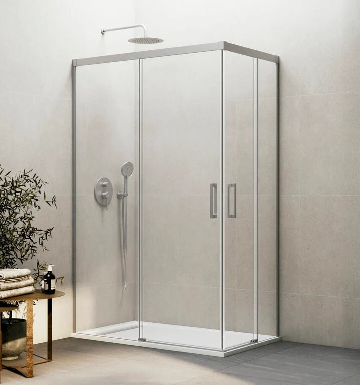 Box doccia angolare BASIC apertura al vertice 90x90 cm (85-90/85-90) nichel vetro trasparente