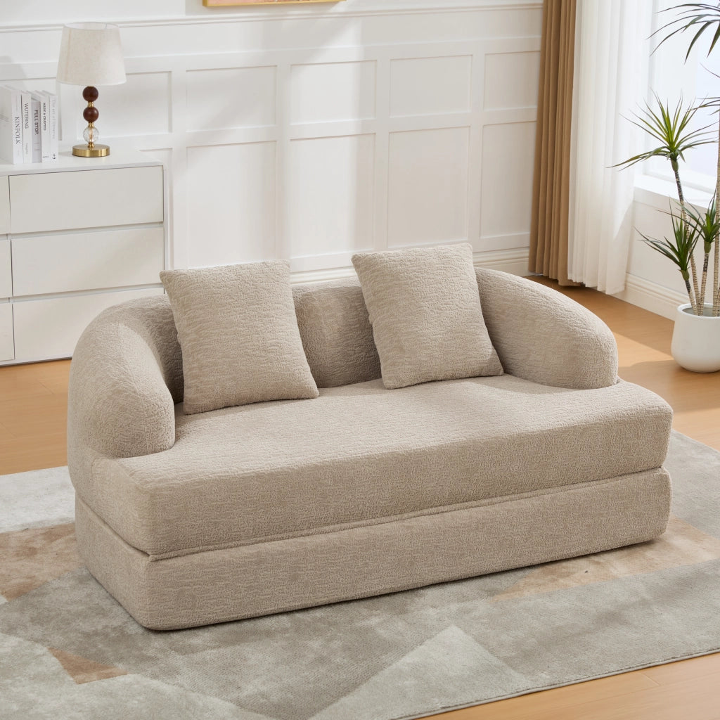 Divano letto convertibile a 2 posti con due cuscini e supporto ergonomico in chenille kaki 157 × 84 × 65 cm