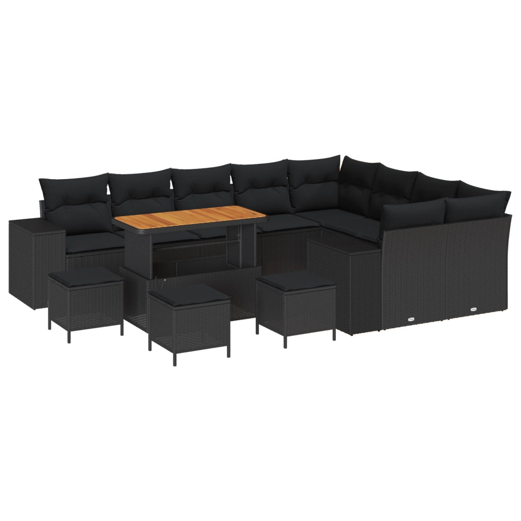 Set Divano da Giardino  da 13 pezzi con Cuscini Nero Polyrattan Acacia