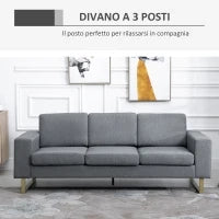 Divano a 3 Posti Relax Salotto con Cuscini 200 × 82 × 78cm Tessuto di Lino Grigio