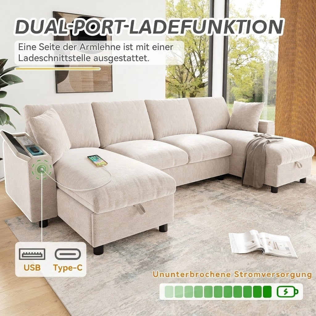 Divano a U con chaise longue e contenitore, porte USB e Type-C, in ciniglia beige, 279 × 135 × 84 cm