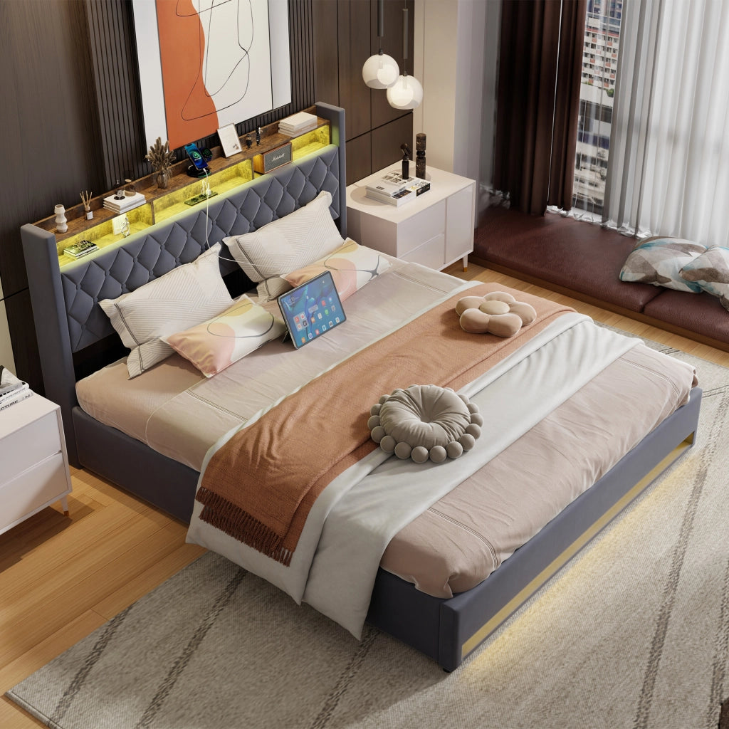 LETTO Imbottito 180 x 200 cm in Velluto Grigio con LED, USB e Contenitore