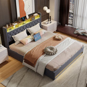 LETTO Imbottito 180 x 200 cm in Velluto Grigio con LED, USB e Contenitore