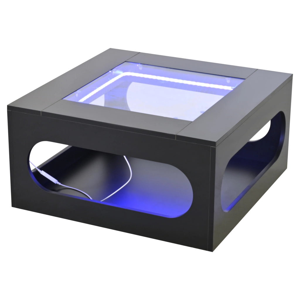 Tavolino da salotto 70x70x35 cm; design traforato con vetro temperato e LED; MDF nero