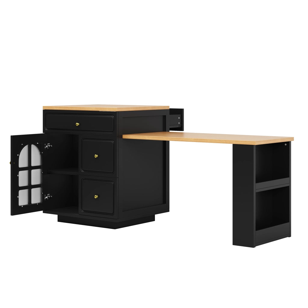Isola cucina allungabile 122;5-195;5 cm nera con cassetti e luci LED RGB; MDF e vetro