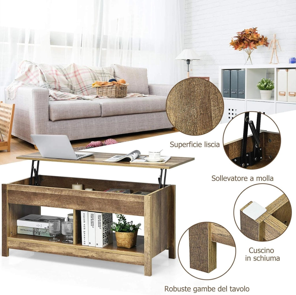 Tavolino Salotto Sollevabile, Tavolino da Caffè Basso con Scompartimenti Nascosti e Mensole, Tavolino Moderno per Soggiorno, Salone e Studio, 109 x 47,5 x 50-63 cm (Quercia)