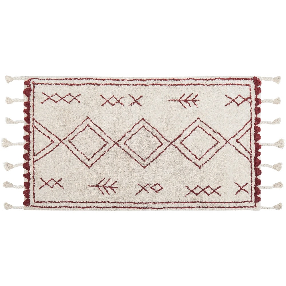 Tappeto cotone bianco sporco e rosso scuro 80 x 150 cm moderno orientale tribale nappe motivo geometrico