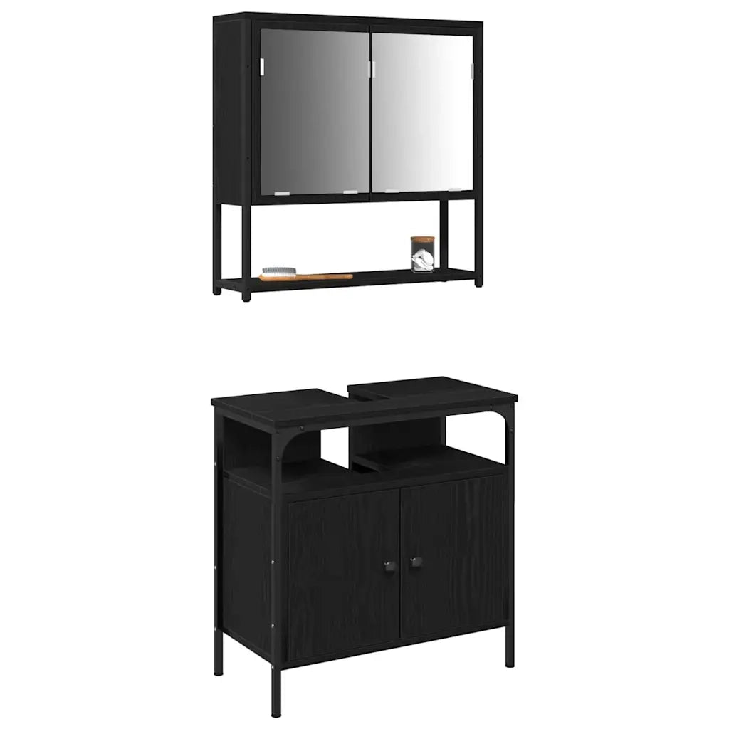 Set di mobili per il Bagno | Armadio da bagno 2 pz Nero Legno multistrato