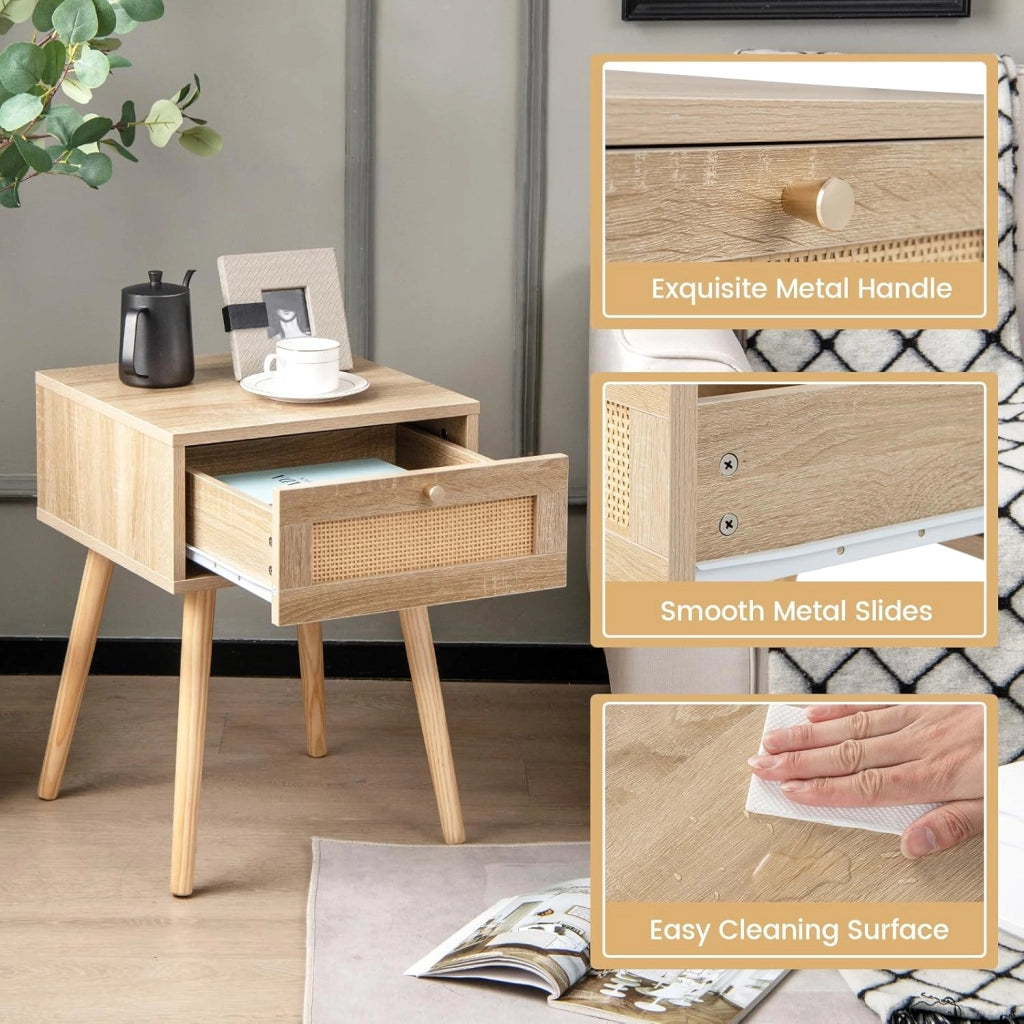 Comodino con porta in rattan, tavolino ausiliario in legno, mobile laterale decorativo con cassetto, per camera da letto, soggiorno, 40 x 40 x 55 cm, naturale