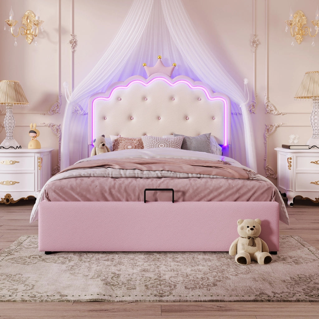 OKWISH Letto Contenitore 140×200 cm, Letto Matrimoniale con LED Regolabile e Contenitore Idraulico, senza Materasso, in PU, Rosa