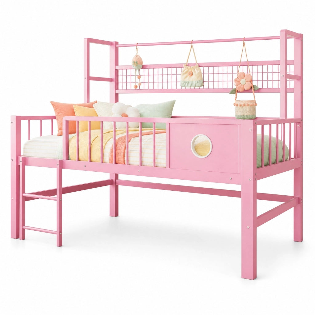 Letto a soppalco basso per bambini 90x200 cm rosa