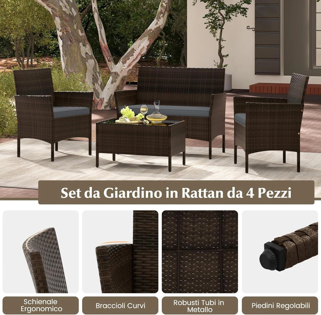 Set di Salotto da Giardino in Rattan 4 Pezzi, Set Mobili da Esterno in Vimini con Cuscini Morbidi, Divanetto e Poltrona con Tavolo in Vetro Temperato per Giardino e Veranda (Grigio)