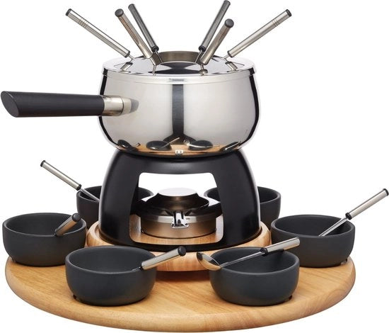 Set di Fonduta al Formaggio - 6 Forchette - Acciaio Inox - RVS - Bruciatore a Gel - Padella per Fonduta - Set di Regalo