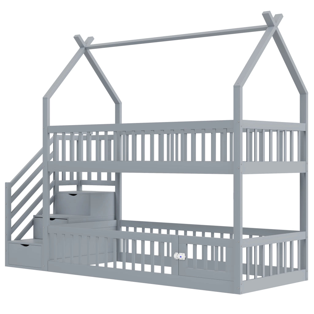 Letto a Castello 90x200 cm; Letto Singolo - Tetto; Scala con Cassetti - in Legno - Grigio