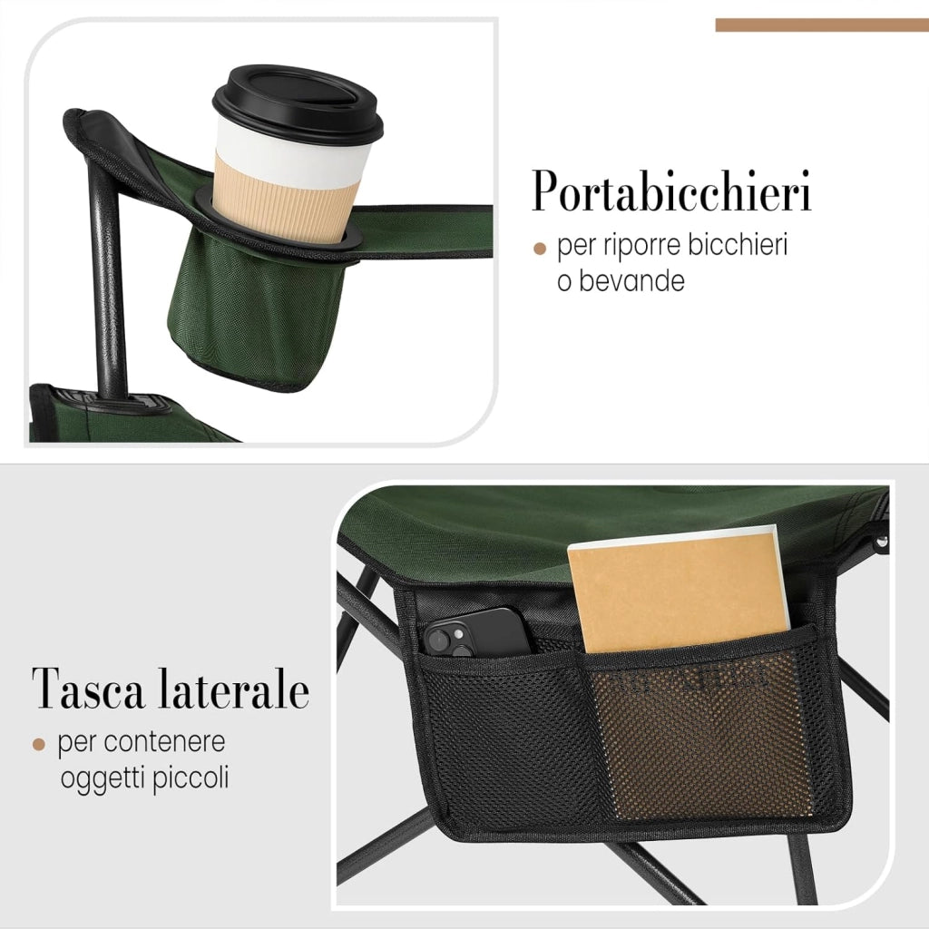 Set di 2 Sedia da Campeggio Portatile Reclinabile, Sedia Pieghevole Esterno con Poggiapiedi, Poggiatesta e Borsa da Trasporto, per Pesca, Giardino, Verde