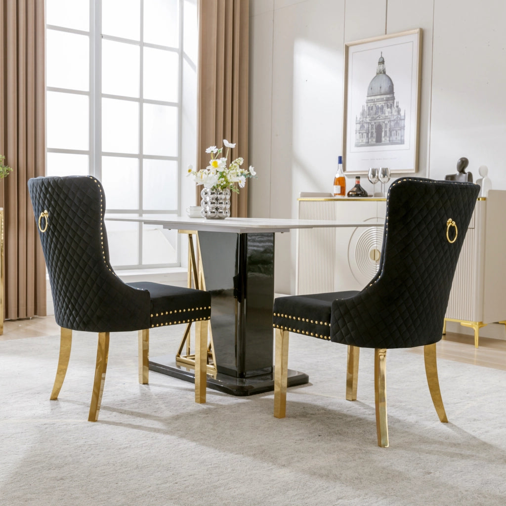 Set di 2 Sedie da Pranzo; con Anello sullo Schienale e Borchie Decorative; Acciaio Inox Dorato e Velluto; Nero