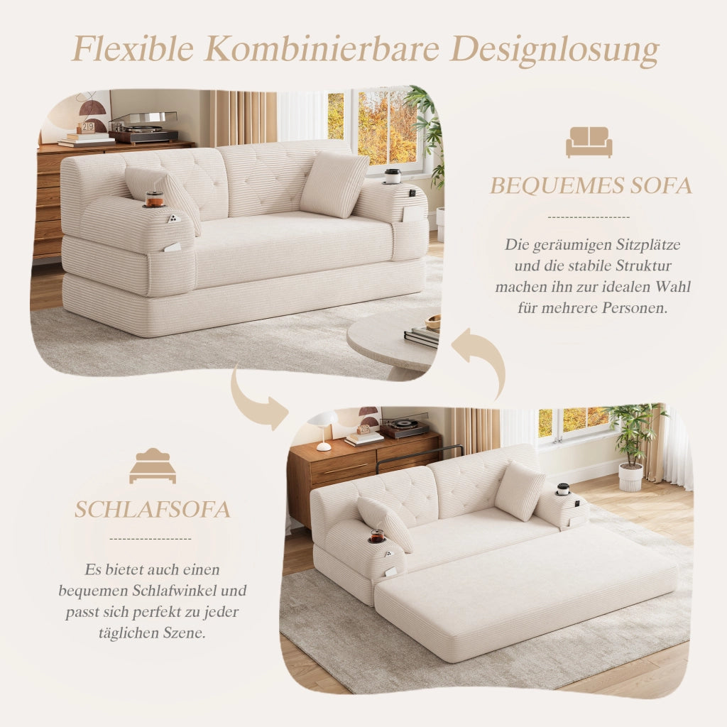 Divano letto compatto 2 posti con schienale alto, tasche laterali e portabicchieri in tessuto cord beige
