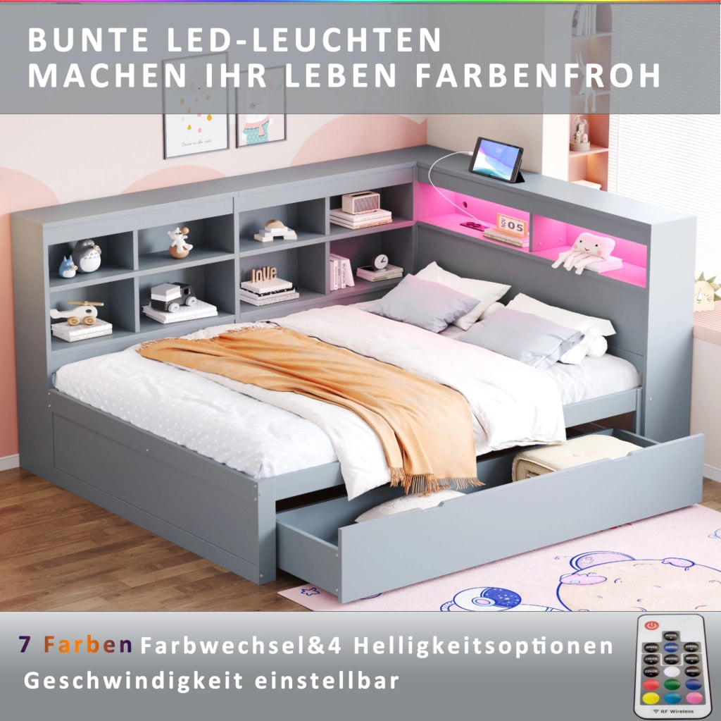 Letto matrimoniale multifunzione 140x200 cm in legno grigio con contenitori; USB e LED
